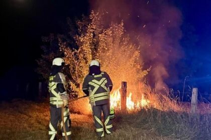Einsatz für die Feuerwehr Hünxe: Gras und Gebüsch in Flammen